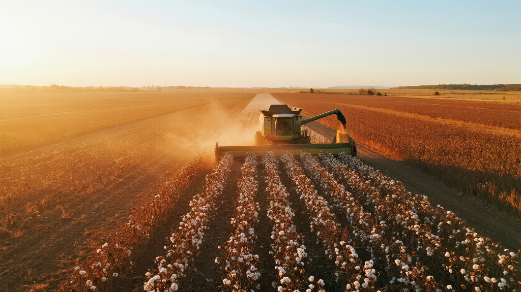 农业收割机棉田日落丰收壮观背景