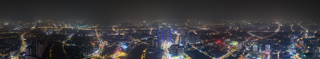 浙江湖州城市夜景航拍全景图