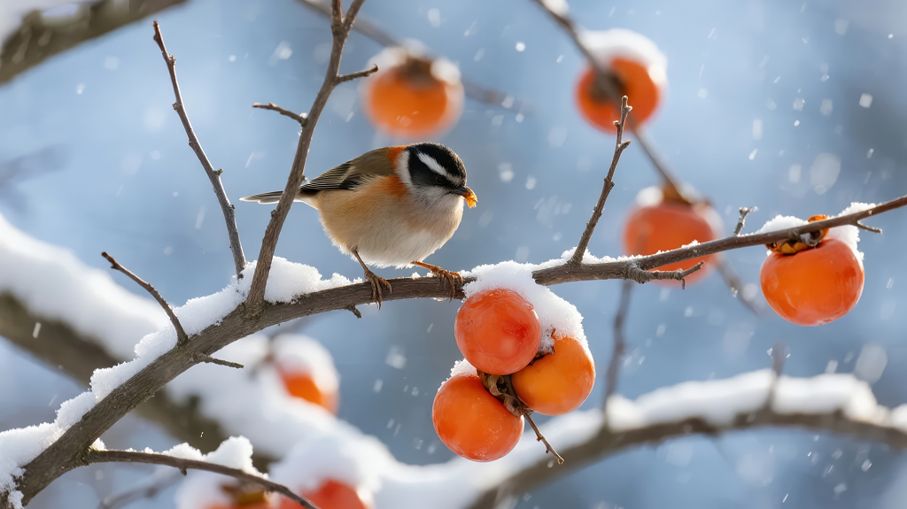 2025年冬至大雪柿子树上觅食的小鸟