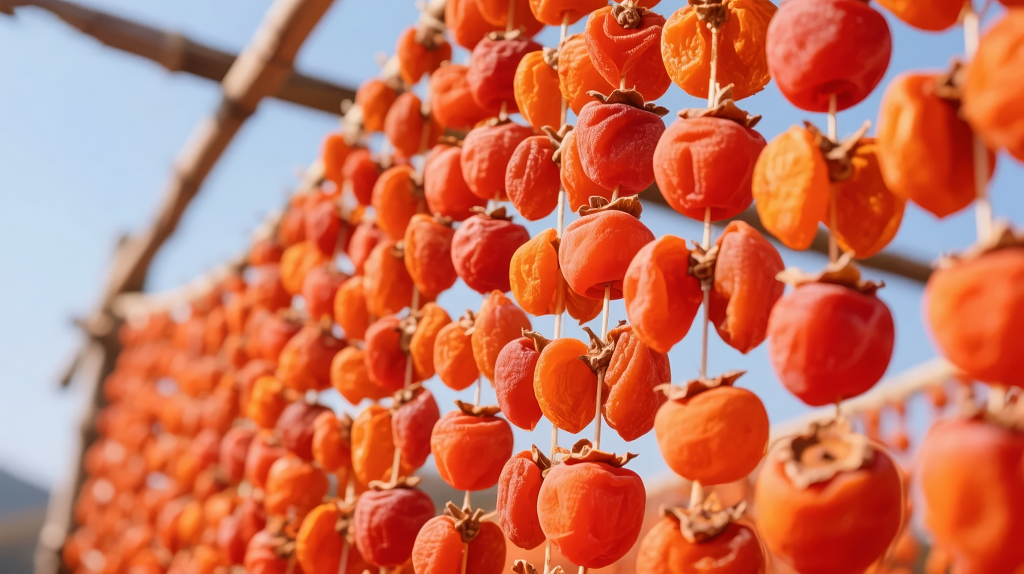 中秋国庆节传统美食柿饼的晾晒丰收场景