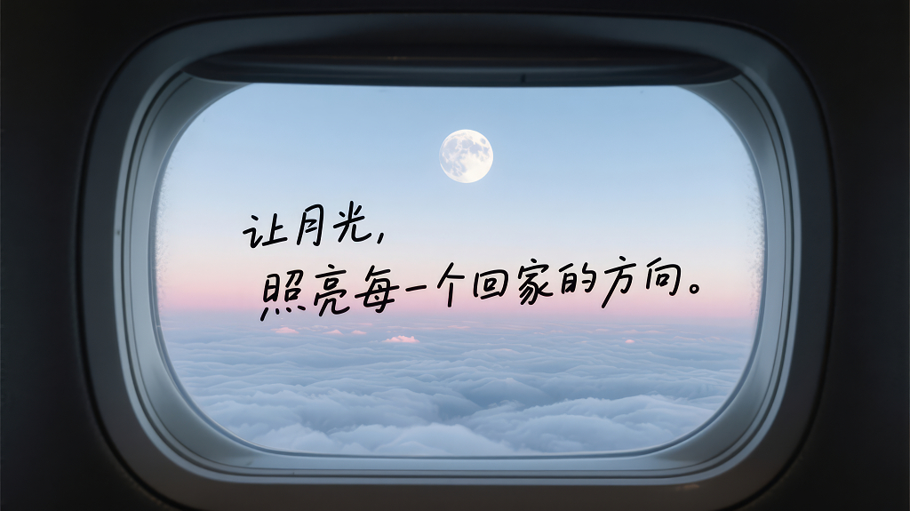 中秋节飞机舷窗云海月色温馨背景图