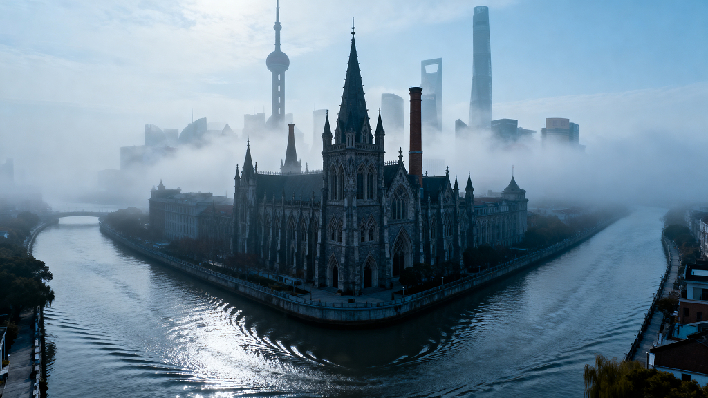 上海外滩全景晨雾