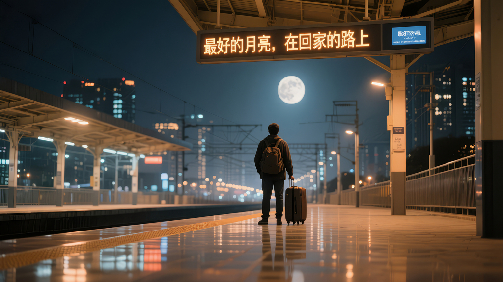 中秋节车站月夜独自归家旅途背景