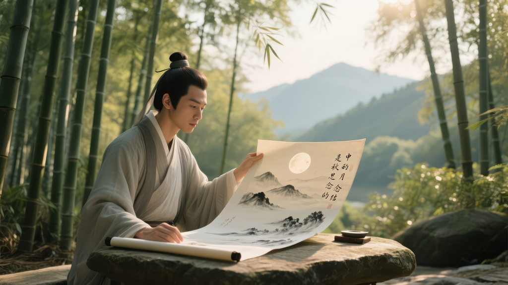 中秋节竹林赏画的禅意古风背景