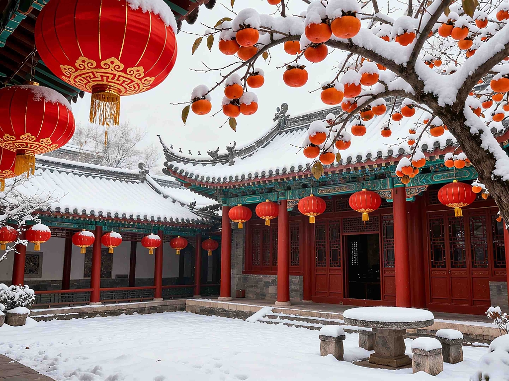 中式庭院雪景红灯笼柿子树