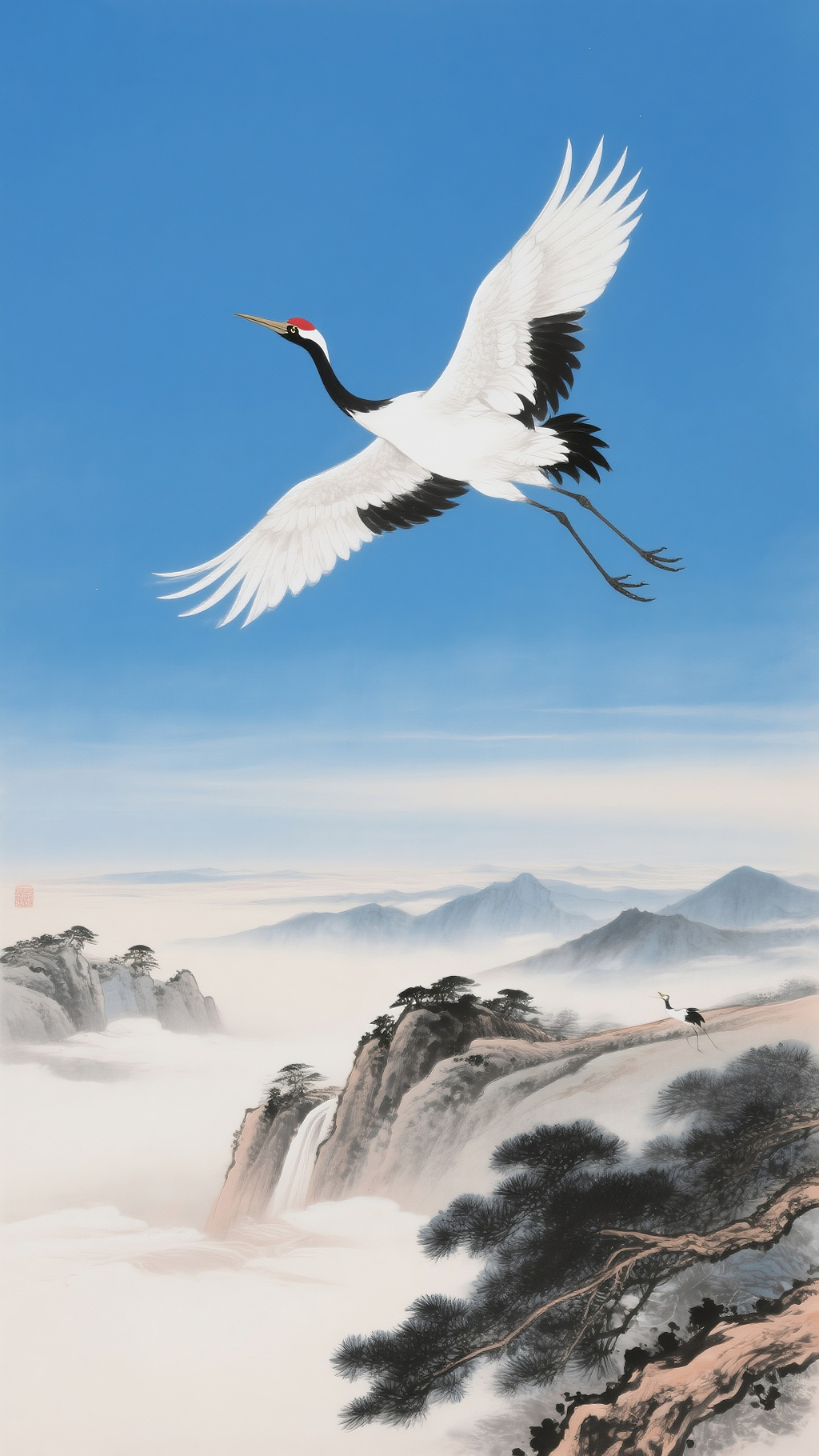 一只仙鹤在山水间飞过