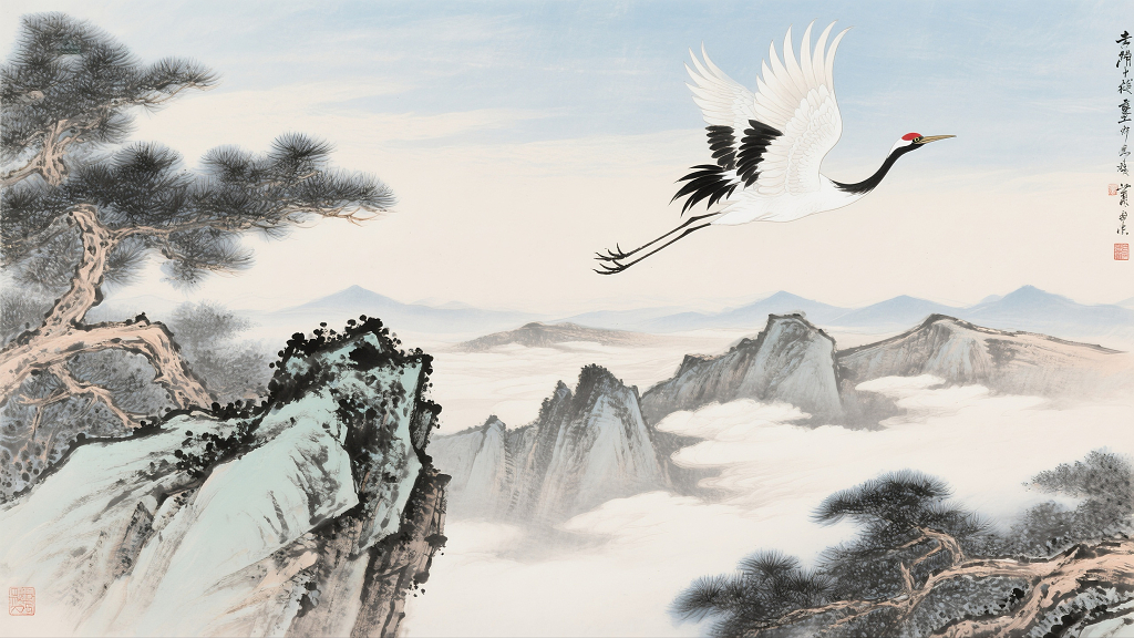 仙鹤山水国画寒露二十四节气