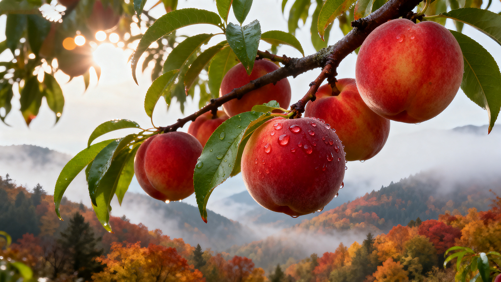 红桃枝头红桃带露水红桃