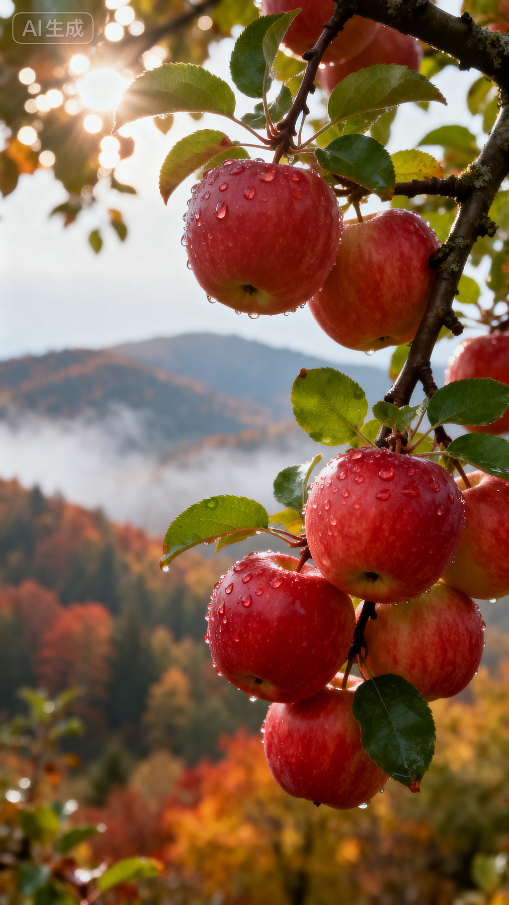红苹果枝头红苹果带露水红苹果