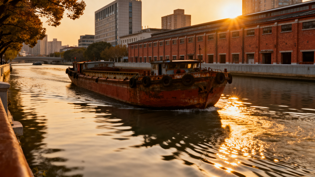 上海苏州河黄昏航船河道老式货船