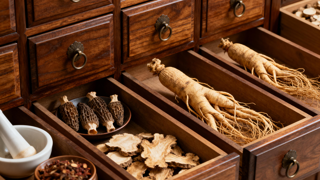 中药柜中药材抽屉人参羊肚菌中药饮片传统中药中药存储中药文化