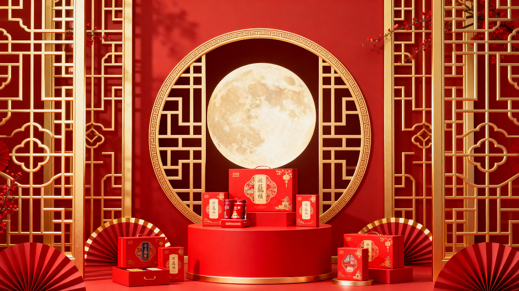 中秋礼盒月饼礼盒中秋场景月饼场景中式美陈中秋美陈月饼美陈