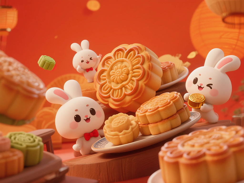 中秋节月饼兔子卡通节日喜庆