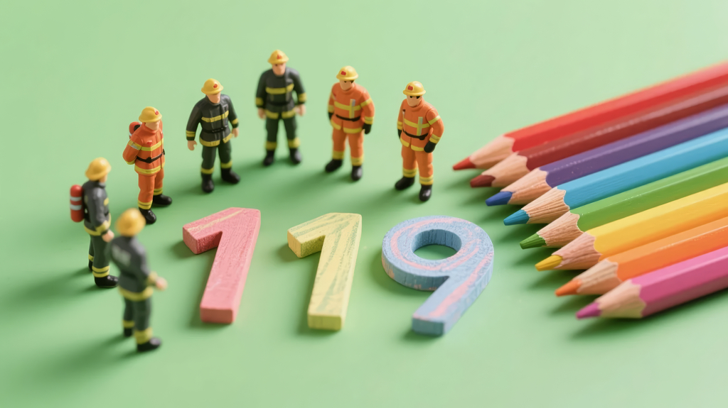 119消防安全日消防员模型与彩色铅笔