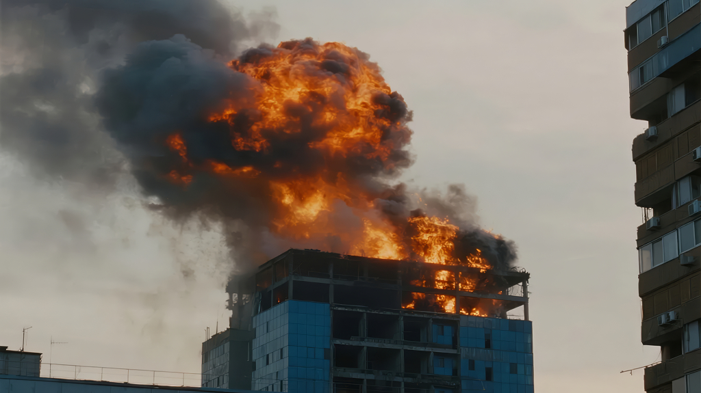 城市高楼发生火灾浓烟滚滚的危险场景
