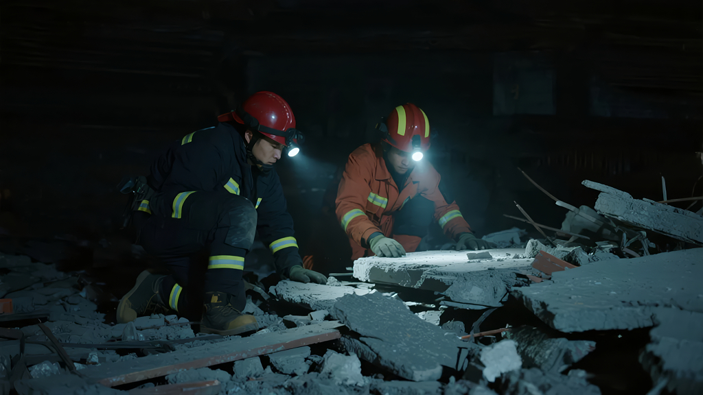 国庆节期间消防员在地震废墟中紧急救援