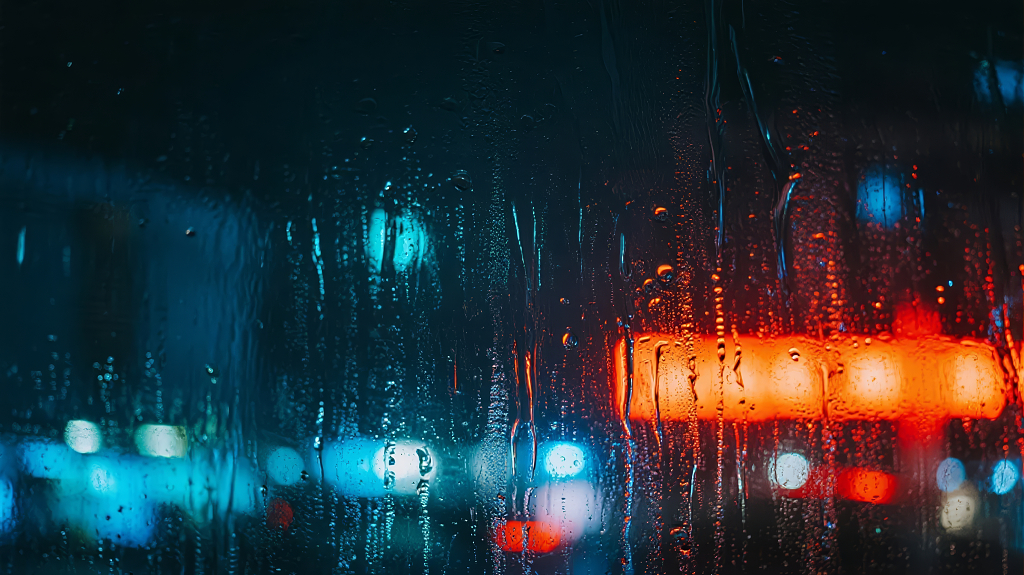 国庆节雨夜城市紧急救援的警示灯光