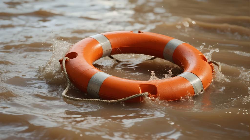 洪水灾害中寓意生命希望的安全救生圈