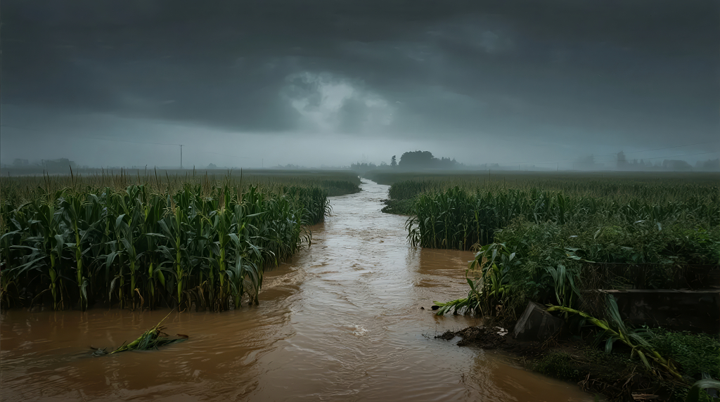 2025年秋季洪水淹没等待丰收的玉米地