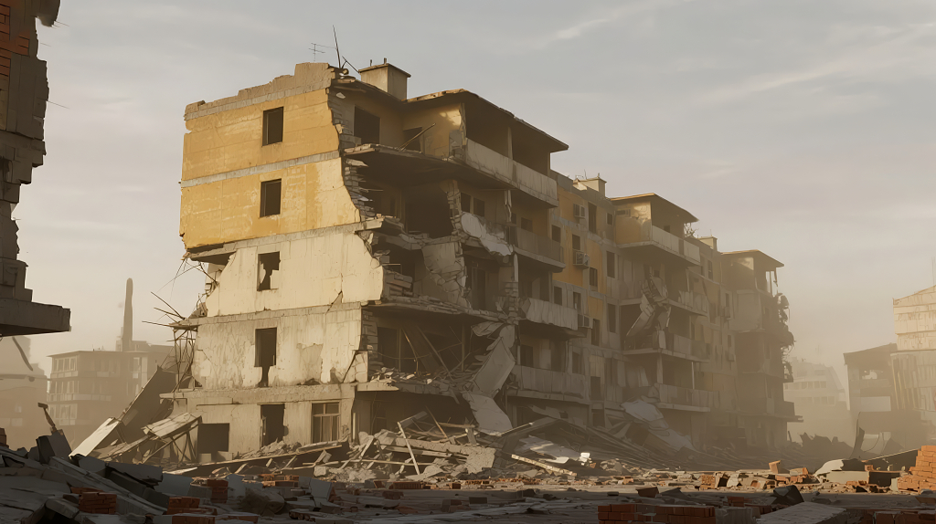 地震灾后等待2026年重建的废墟楼房