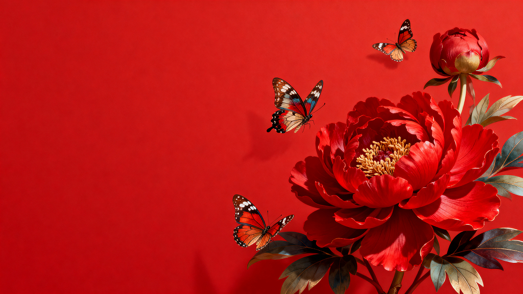 红色背景牡丹蝴蝶高清
