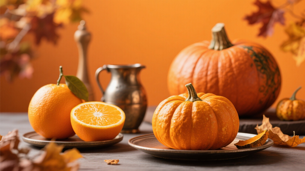 几个南瓜和橙子在桌子上美食美味