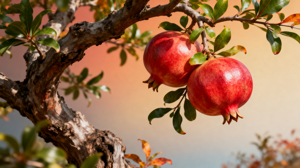 秋日枝头的红火饱满诱人的石榴与繁茂枝叶水果果实果树