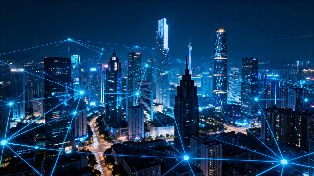 互联智慧城市夜景城市夜景数字城市网络连接城市天际线