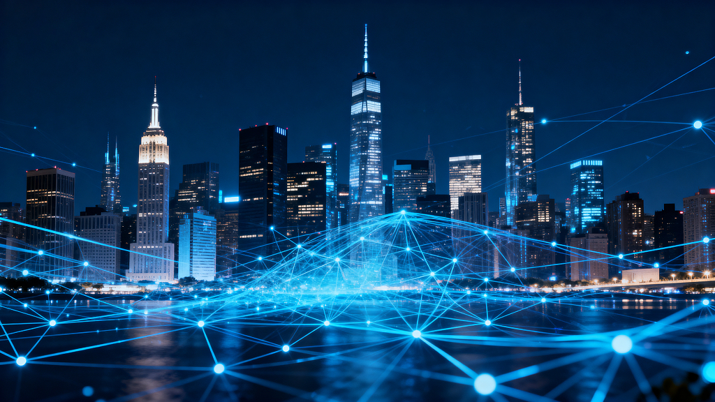 科技互联的都市水岸夜景数字城市网络连接都市天际线未来城市