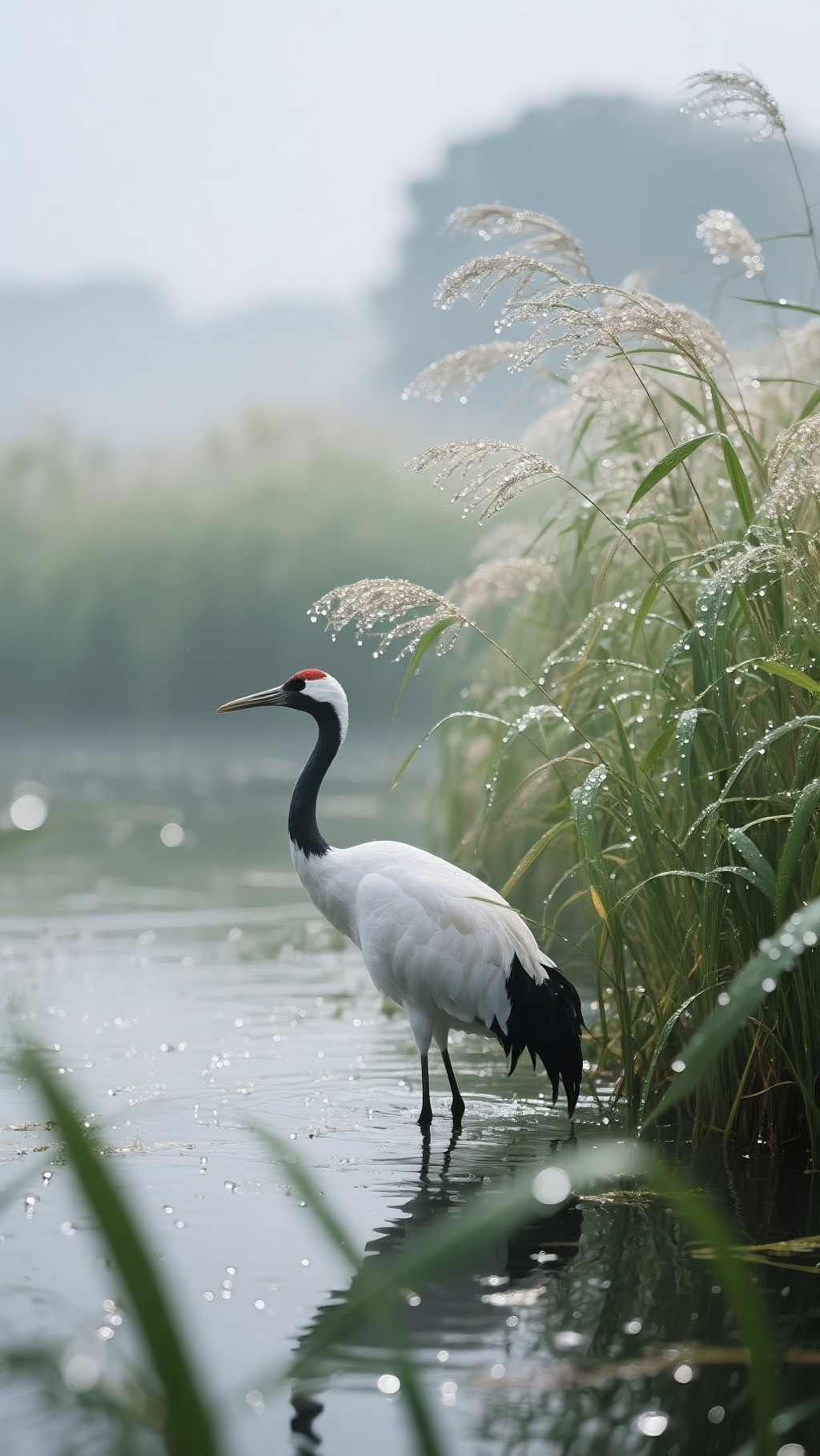 一只仙鹤在湖边的芦苇上
