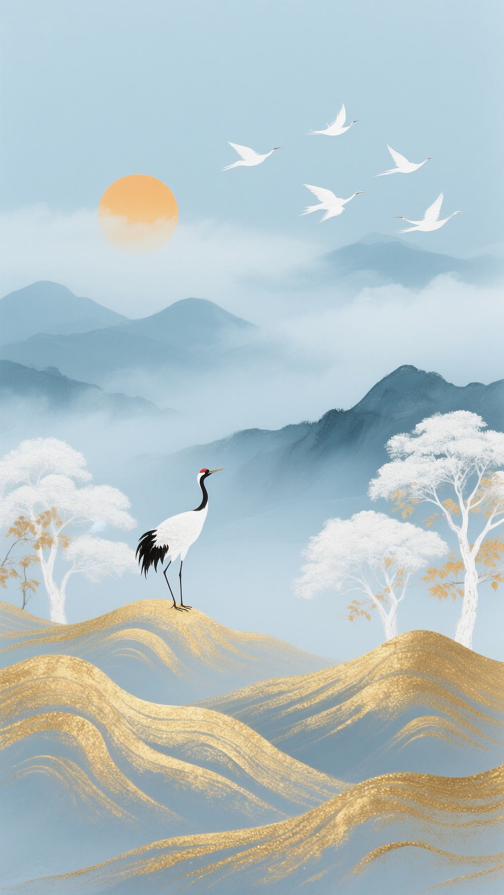 新中式水墨风格浅蓝色主色调清冷萧瑟氛围