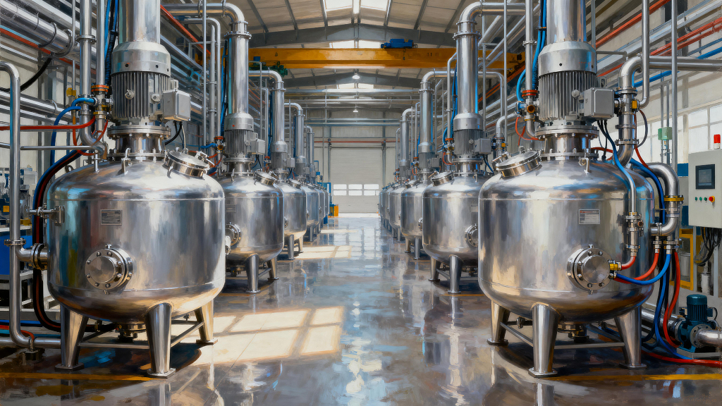 工业厂房不锈钢反应釜工业设备工厂内部化工设备工业生产车间