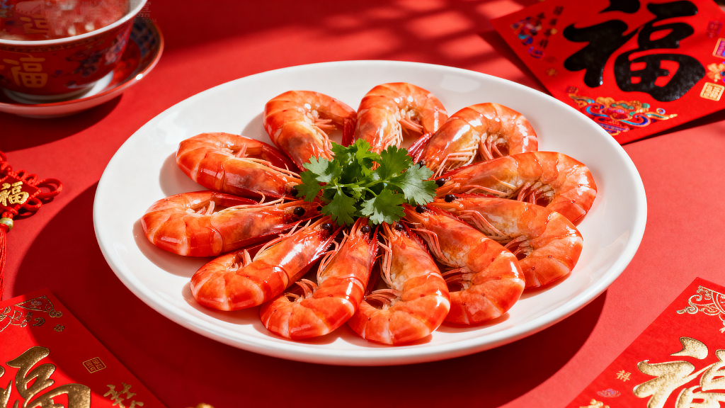大虾摆盘红色餐盘