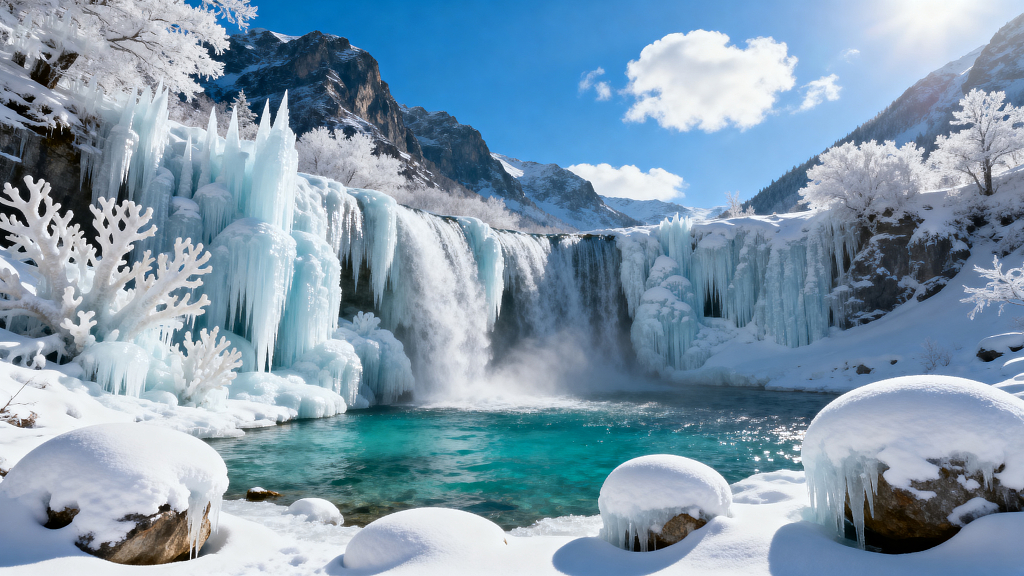 冬日冰瀑蓝湖奇景摄影素材风景摄影冬季海报自然海报风景海报设计