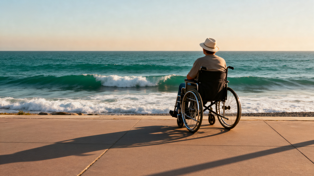 海畔的轮椅身影海边风光海景摄影海边海浪景观设计素材平面设计