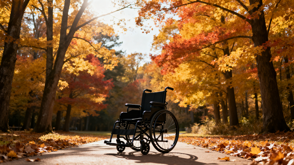 轮椅秋季落叶树林户外疗愈轮椅出行秋季风光落叶景观树林步道