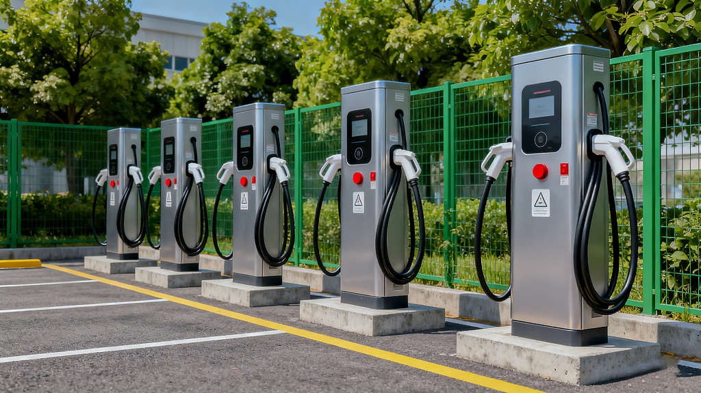 电动汽车充电桩银灰色黑色充电线缆白色充电枪充电服务户外场所