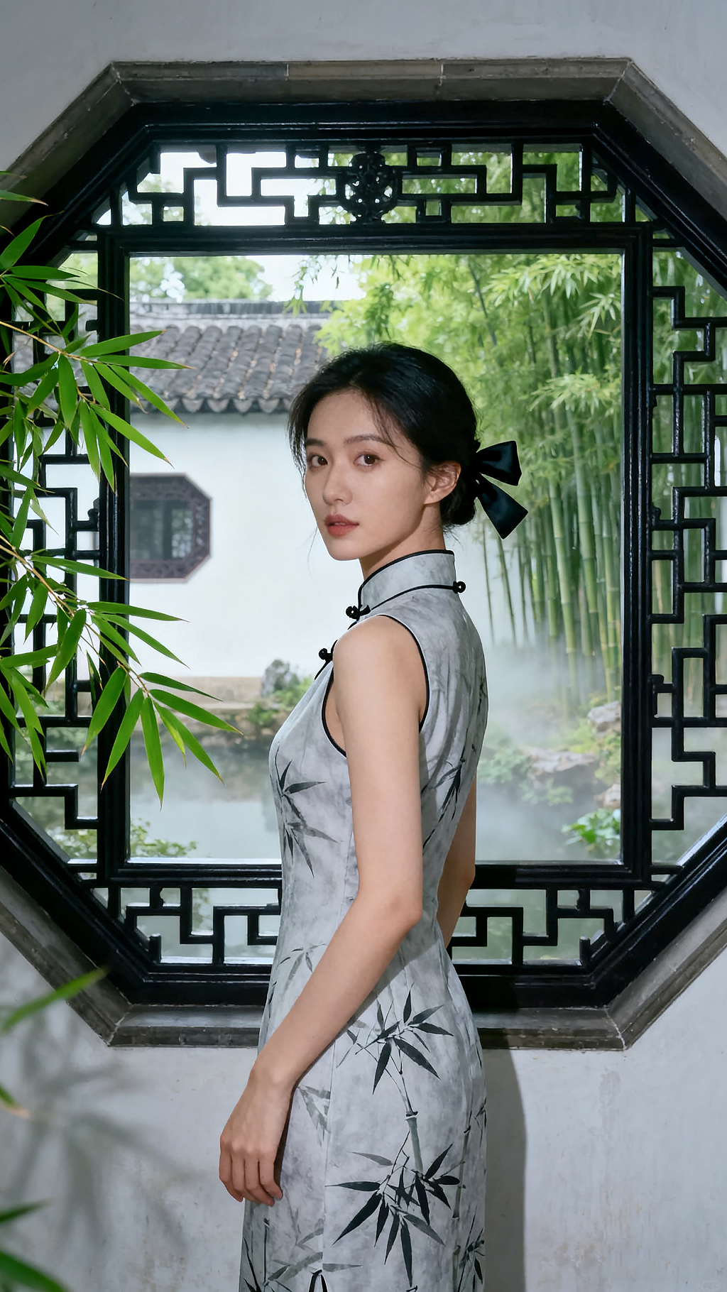 一位身着浅灰底带竹叶印花无袖旗袍的女子站在中式庭院中东方美学