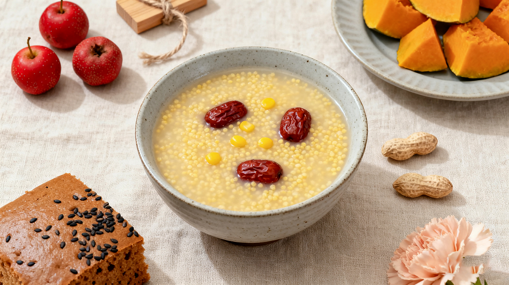 铺有浅色亚麻布的餐桌一碗盛有小米粥的浅灰色粗陶碗花生糕点家常