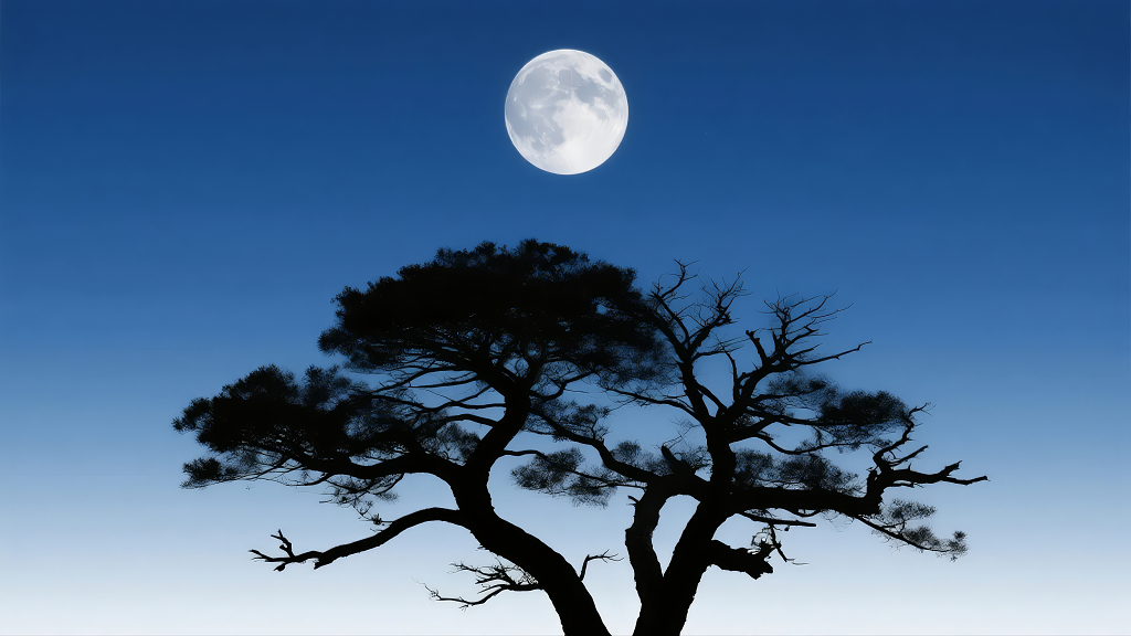 中秋节圆月下松树剪影的禅意东方美学