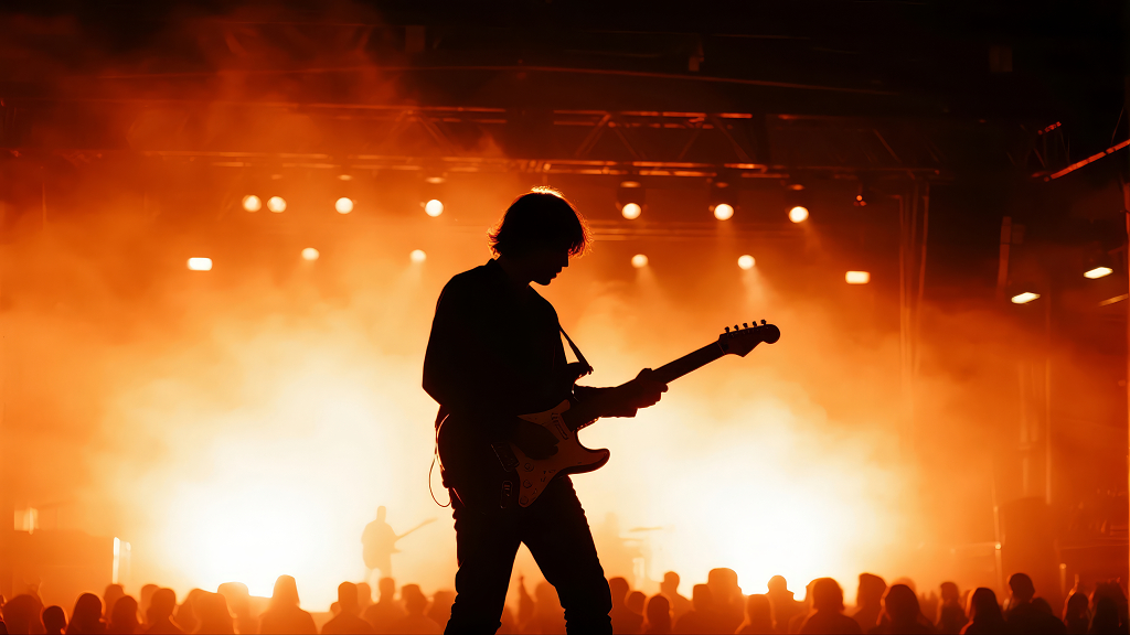 国庆节音乐节上吉他手剪影的燃情瞬间