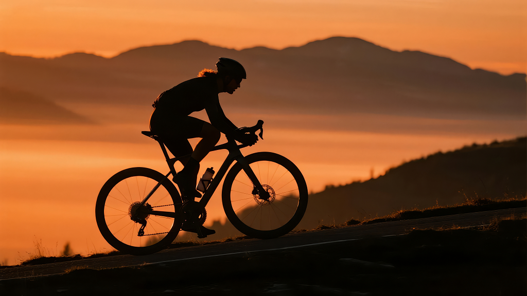 国庆节黄昏独自骑行挑战自我的剪影