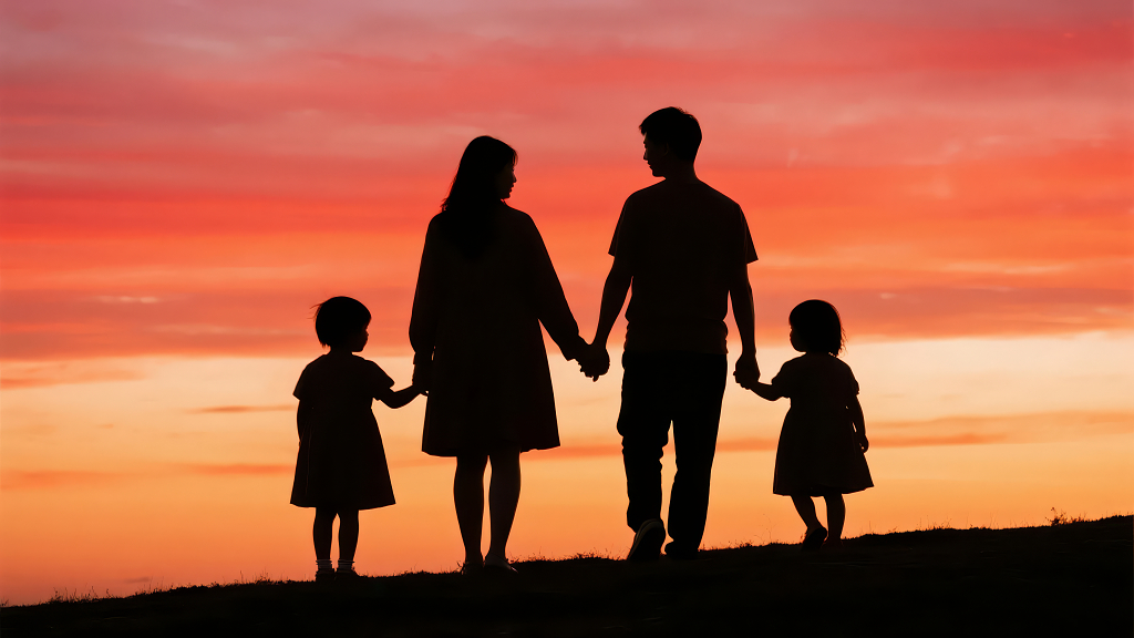 中秋节阖家团圆在夕阳下的温馨剪影