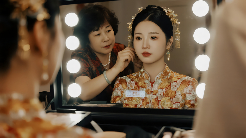 国庆节中式婚礼上新娘化妆的喜庆时刻