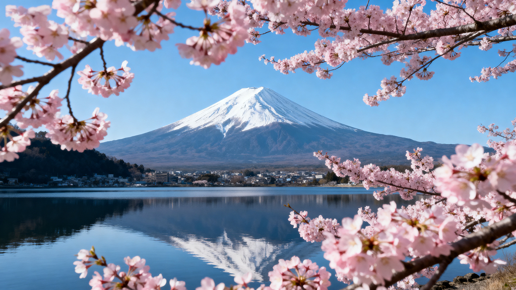 樱花富士山湖泊倒影
