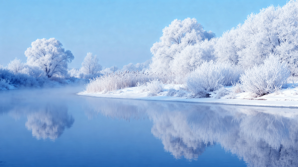 冬天湖边的雪景