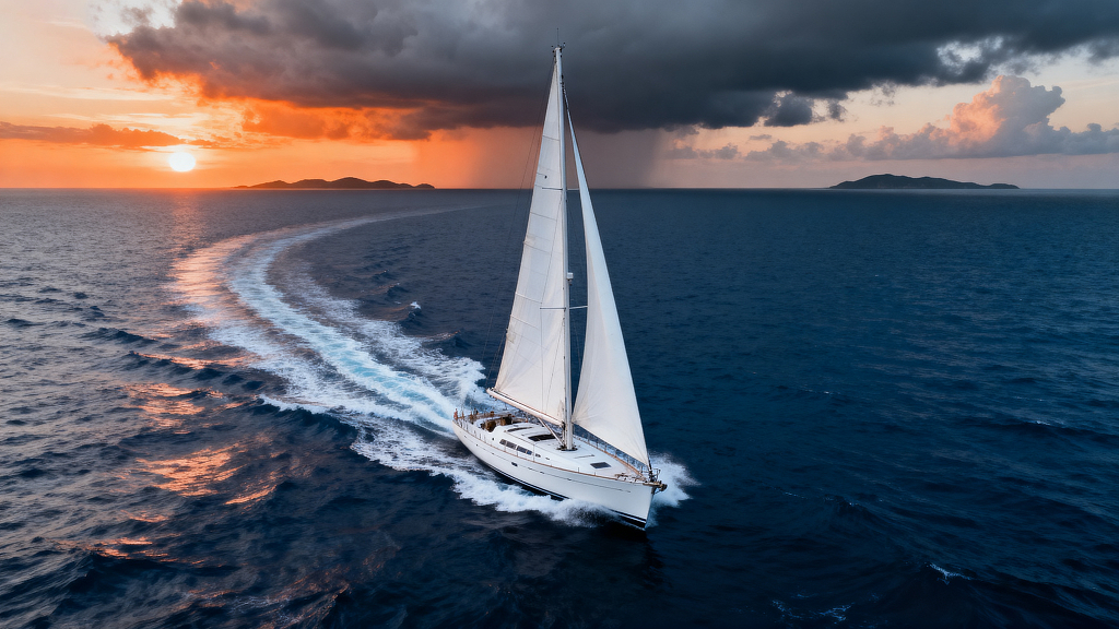 海洋帆船日落云层航迹