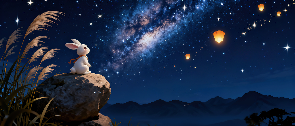 一只兔子站在石头上仰望星空中秋国庆海报背景