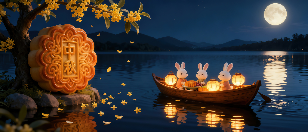 湖上有几只兔子在划船月饼中秋国庆海报背景