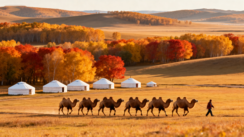 秋天草原景色骆驼